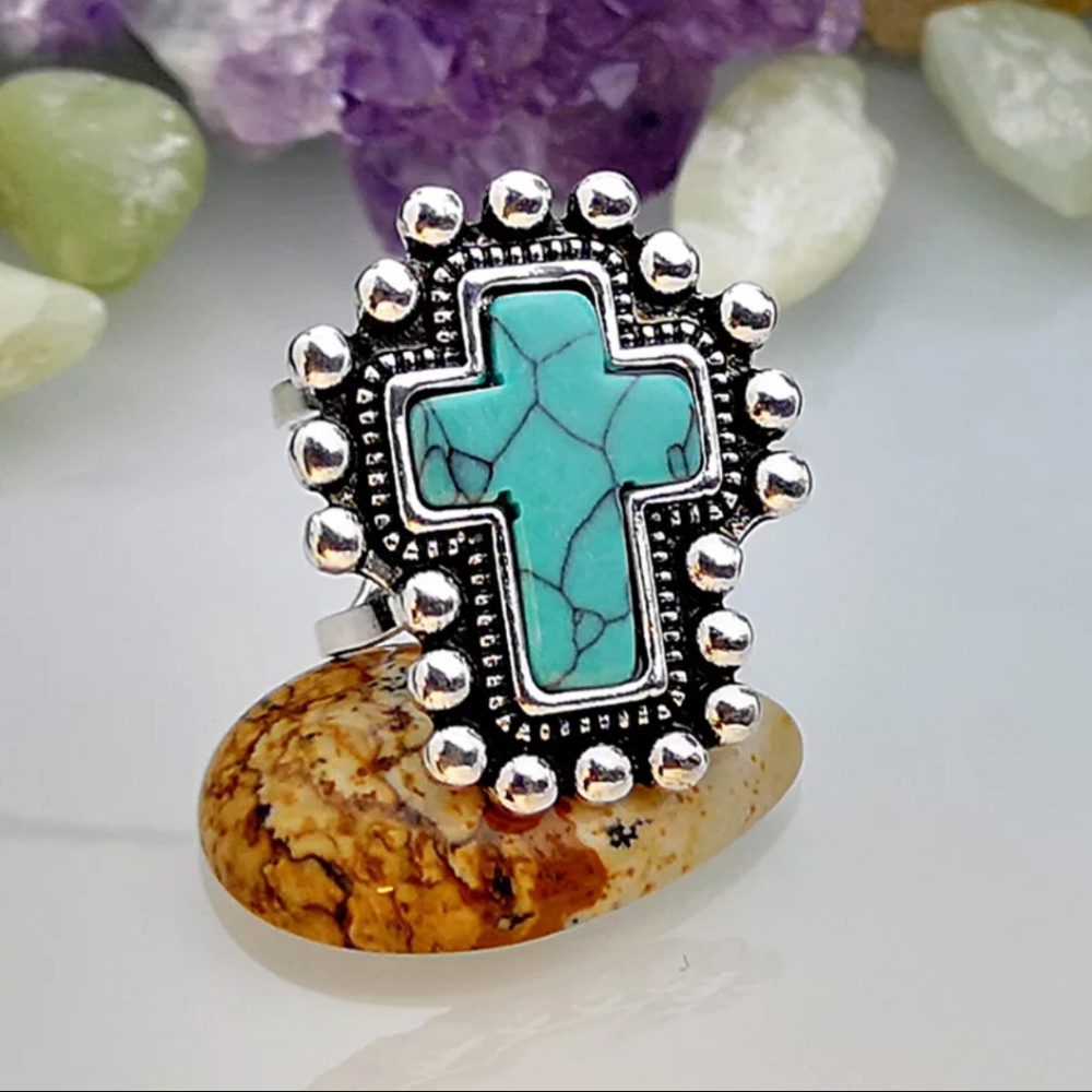 2/$18 Cross turquoise stone adjustable ring